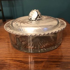Vintage cut glass candy dish with stainless steel lid